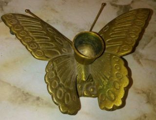 Vintage Butterfly Candle Holder Solid Brass Heavy Detailed W/ Antenna 5 " Mcm Euc