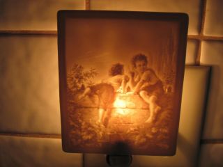19th Lithophane The Porcelain Garden Lamp - Stealing Apples - Nite Light Night