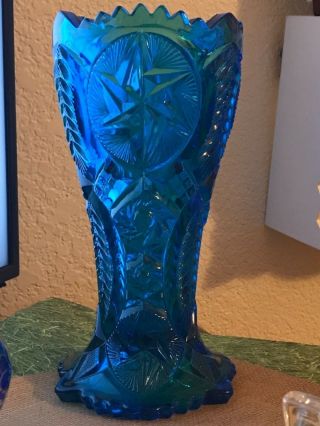 L.  E.  Smith Glass Antique Vintage Blue Pressed Glass Vase 9” Tall