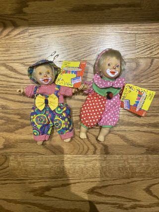 Set Of 2 Cute Vintage Gigo Palm Dolls Series Ii Beanie Clowns 8 " Bean Bag Dolls