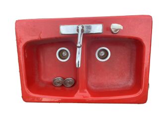 Vintage / Antique Kohler Cast Iron Double Bowl Kitchen Sink 4 Hole Firehouse Red