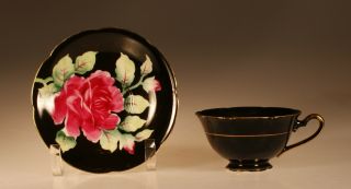 Chugai China Black With Large Pink Cabbage Roses Cup And Saucer,  Japan