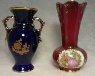 Two Vintage Limoge Small French Vases - Cobalt Blue 5 1/4 & Cranberry 5 3/4 " Tall