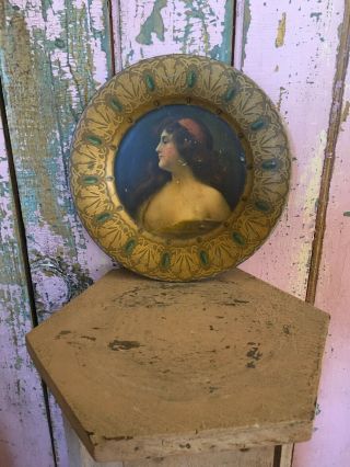 Lovely Antique Victorian Tin Plate Gypsy Lady Portrait Chippy 11
