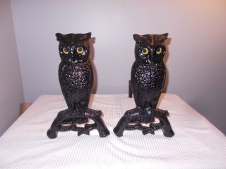 Vintage Cast Iron Figural Owl Fireplace Andirons - 407 E - -