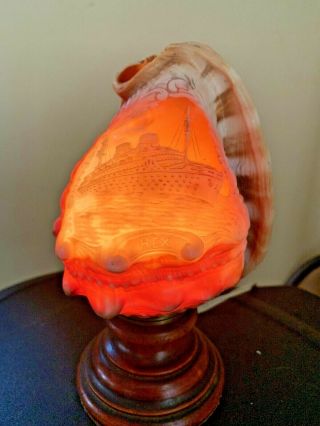 Vintage Antique Carved Conch Shell Light / Lamp - Ship Rex