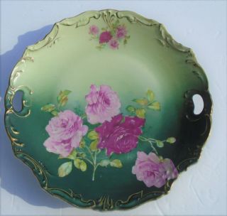 Antique Hand Painted Pink Roses Gold Embossed Handled Scalloped Cake Plate