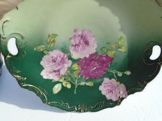 Antique Hand Painted Pink Roses Gold Embossed Handled Scalloped Cake Plate 2