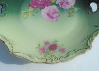 Antique Hand Painted Pink Roses Gold Embossed Handled Scalloped Cake Plate 3