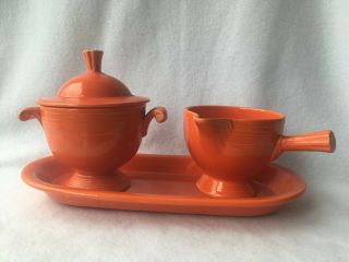 Vintage Radioactive Red Creamer Sugar And Underplate Tray