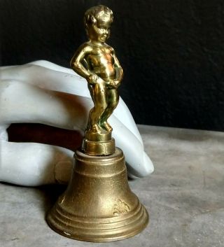Vtg Funny Old Brussels Belgium Souvenir Manneken Pis Brass Bell Boy Peeing Art