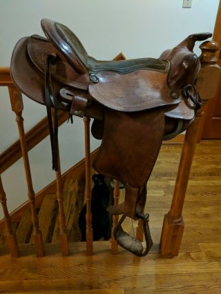 15 " Solid Vintage Western Saddle Tooled Leather Brown - - Stirrups