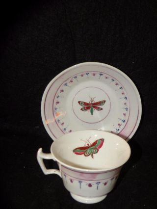 Antique English Porcelain Hand Painted Luster Moth Cup And Saucer