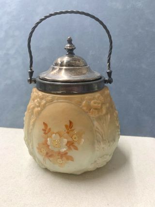 Antique Glass Hand Painted Biscuit Jar Handle & Lid Silver? Plate