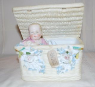 Antique German Bisque Piano Baby Figurine In Basket Flowers Heubach Lg Lovely