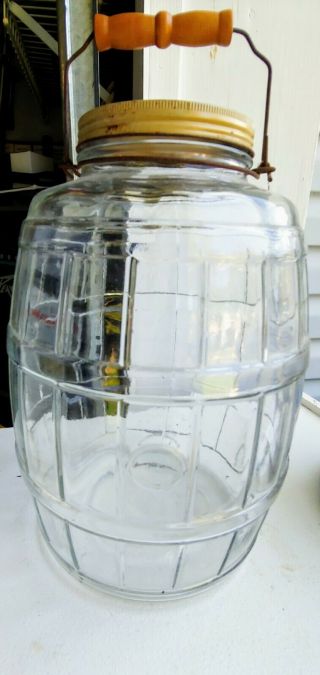 Antique Vintage Large Country Store Glass Pickle Jar With Lid And Wood Handle