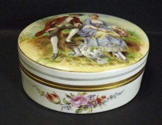 Antique Schierholz Porcelain Jewelry/trinket Box Romantic Garden Scene
