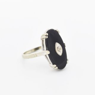 10k White Gold Vintage Oval Black Onyx & Diamond Ring Size 7.  25