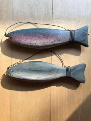 Wood Rainbow Trout & Bass Fish Decoys By John Jeffrey Barto Signed ‘94