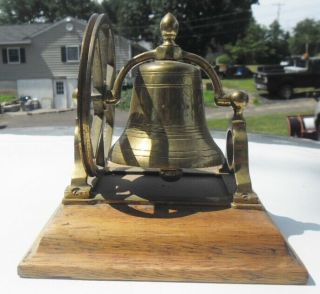Vintage Counter Service Store Wheel Operated Brass Bell With Wood Base