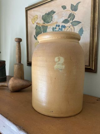 Unusual Antique 2 Gallon Tall Stoneware Crock Cobalt 2 Remnants Salt Glaze