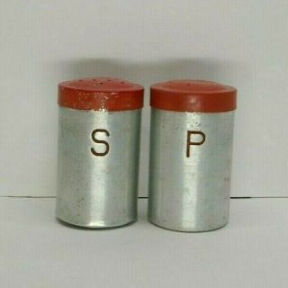 Vintage Aluminum Red Top Salt And Pepper Shakers