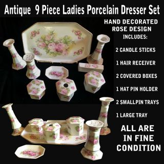 Antique 9 Piece Ladies Porcelain Dresser Set Hand Decorated With Roses Design
