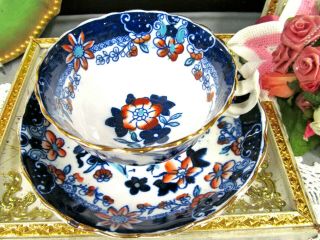 Antique English Porcelain 1880s Tea Cup And Saucer Floral Blue Cobalt Teacup