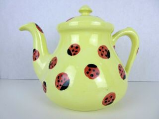 Ceramic Teapot Lady Bug Hand Painted Yellow 7 " Tall