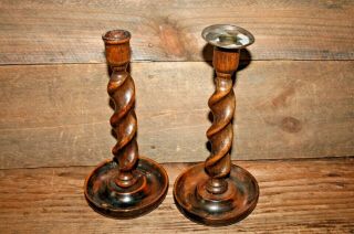Antique English Barley Twist Candlesticks Candle Holders Pair (2) Carved Wood