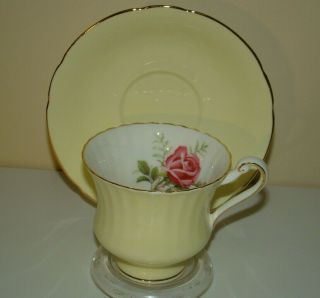 Tea Cup & Saucer Paragon Fine Bone China Queen Pastel Pale Yellow W/ Pink Rose