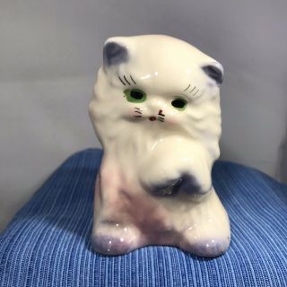Small Vintage Ceramic White Cat Kitten Planter Succulent Pink Green Paw Up