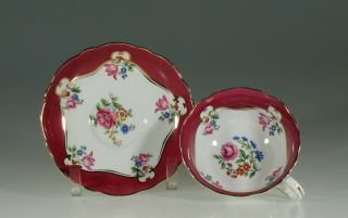 Aynsley Burgundy With Pink Roses Tea Cup And Saucer,  England C.  1925