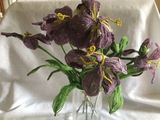 Antique/vintage French Beaded Flowers,  Purple Iris,  7 Large Stems