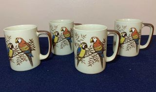 Set Of 4,  Vintage Otagiri (??) Stoneware " Parrot " Coffee Tea Mugs 10 Oz.