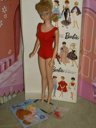 Vintage Barbie Ash Blonde Ponytail W/box,  Helenca Ss,  Shoes,  Stand & Booklet