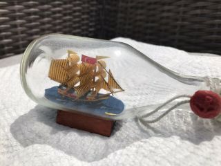 Ship In A Bottle 5 " Masted Schooner,  Wood Base Red Seal Cork Glass Turkish Flag