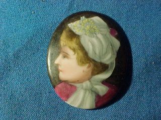 19thc Victorian Era Miniature Porcelain Hand Painted Portrait Of Young Woman 2