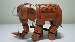 Vintage Hand Carved And Painted String Puppet Wooden Elephant Marionette Jointed