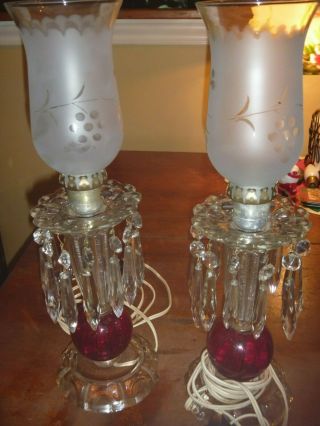 Vintage Set Of Two Red Glass Hurricane Lamps With Hanging Prims