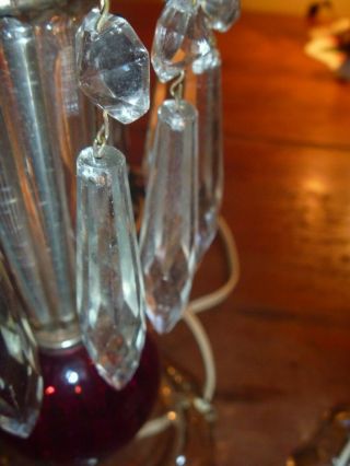 Vintage Set Of Two Red Glass Hurricane Lamps With Hanging Prims 2