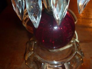 Vintage Set Of Two Red Glass Hurricane Lamps With Hanging Prims 3