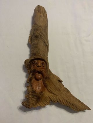 Vintage Wood Spirit Carving Wise Old Man Hand Carved Wood - Signed By Wells