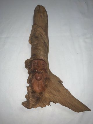 Vintage Wood Spirit Carving Wise Old Man Hand Carved Wood - Signed By Wells 2