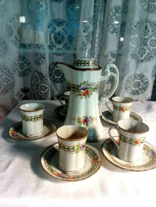 Vintage Handpainted Floral Chocolate Pot And Cups,  Saucers