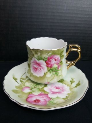 Lefton China Teacup And Saucer Green Heritage Pink Roses 3067 Vtg