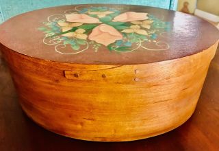 Vintage Wood Oval Shaker Style Finger Lap Pantry Box Hand Painted Lid Americana