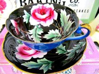 Occupied Japan Tea Cup And Saucer Painted Red Roses Black Teacup Blue 1940s