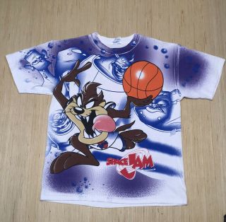 Vintage 1996 Space Jam Taz Looney Tunes Rare White All Over Print Shirt L