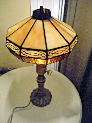 Small 1912 Antique Table Lamp With Vtg Arts Crafts Type Stained Glass Shade
